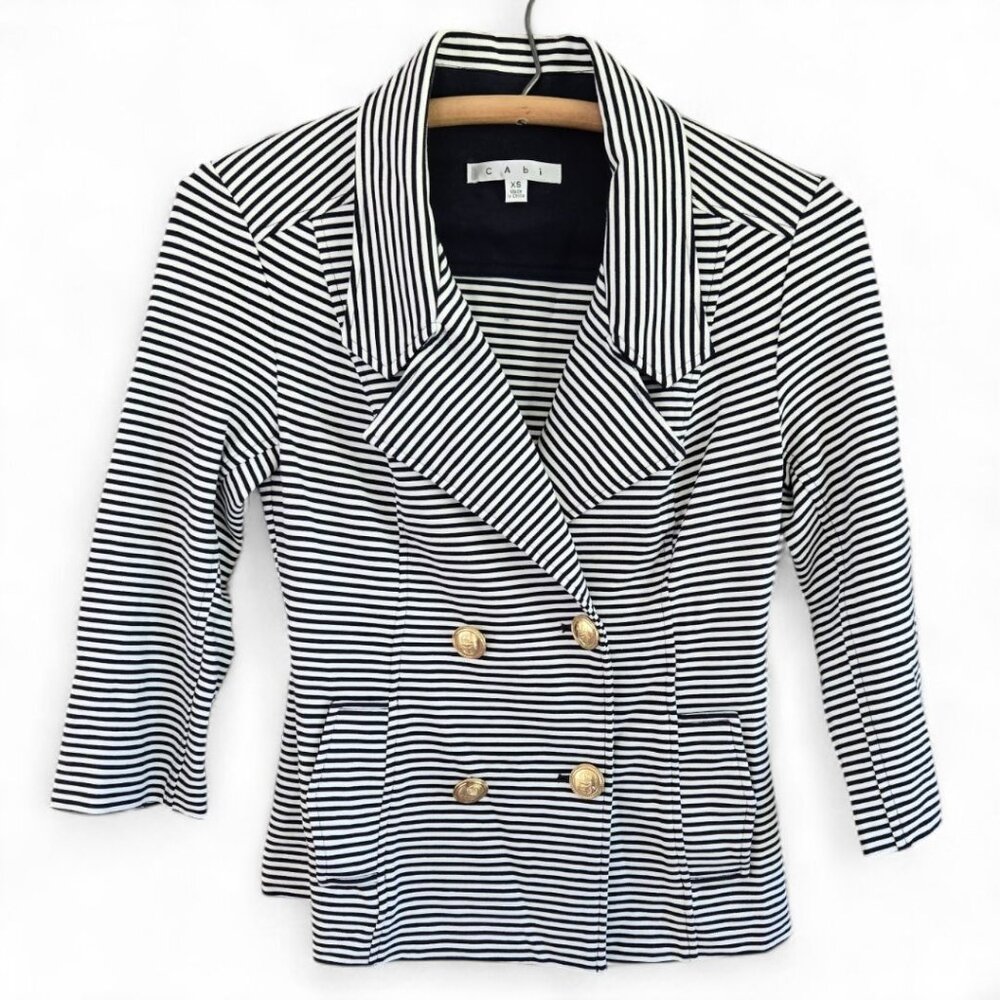 Cabi XS Nautical Striped Blazer Navy Blue & White Double Breasted 3/4 Sleeve